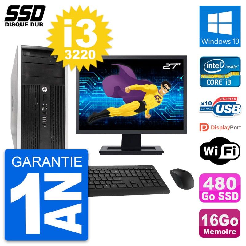 HP Compaq Pro 6300 CMT Desktop PC - 27" Screen, Intel i3-3220, 16GB RAM, 480GB SSD, Windows 10, WiFi