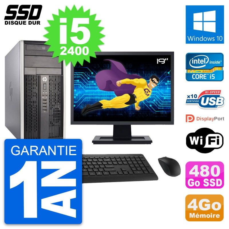 HP Compaq Pro 6300 CMT Desktop PC - 19" Screen, Intel i5-2400, 4GB RAM, 480GB SSD, Windows 10, WiFi