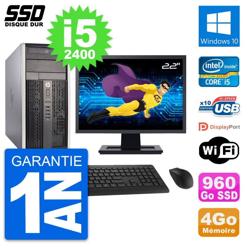 HP Compaq Pro 6300 CMT Desktop PC - 22" Screen, Intel i5-2400, 4GB RAM, 960GB SSD, Windows 10, WiFi