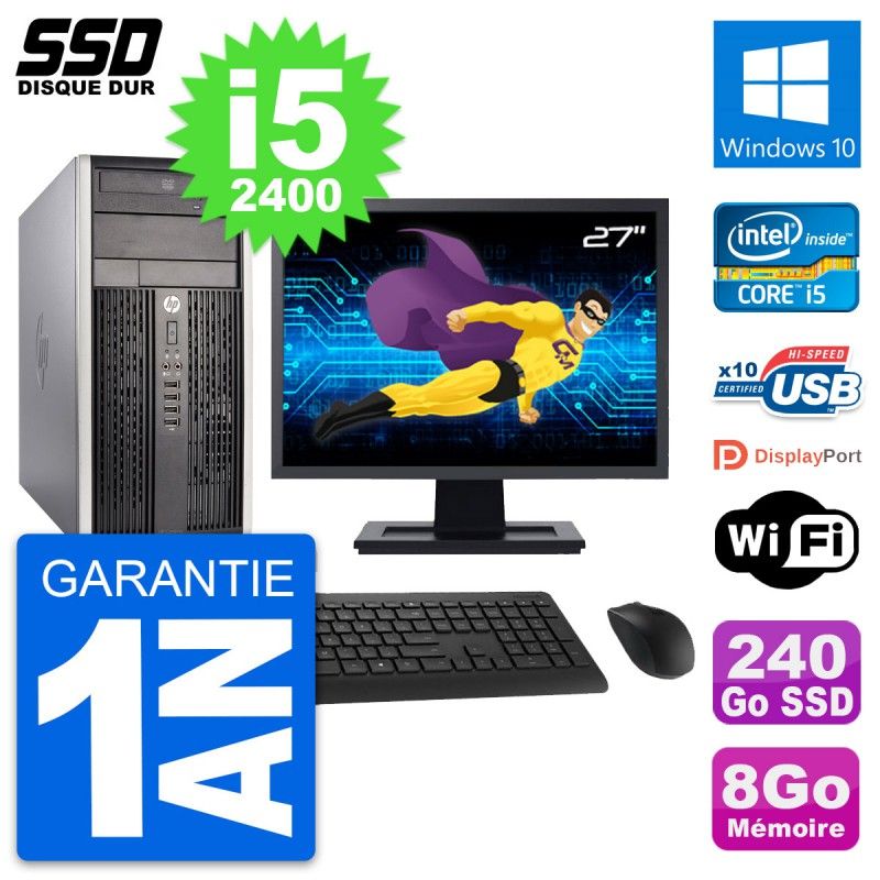 HP Compaq Pro 6300 CMT Desktop PC - 27" Display, Intel i5-2400, 8GB RAM, 240GB SSD, Windows 10, WiFi