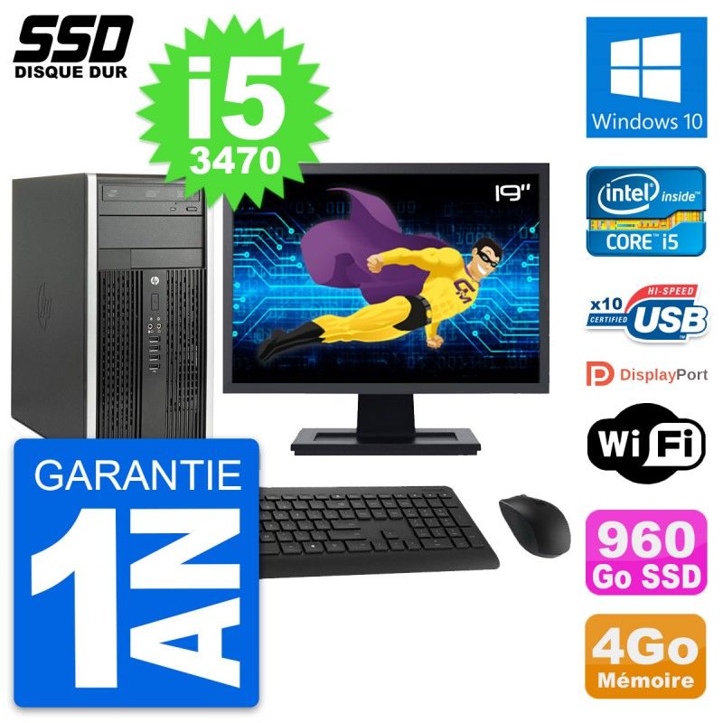 HP Compaq Pro 6300 CMT Desktop PC - 19" Screen, Intel i5-3470, 4GB RAM, 960GB SSD, Windows 10, Wi-Fi