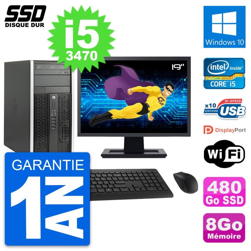 HP Compaq Pro 6300 CMT Desktop PC - 19" Screen, Intel i5-3470, 8GB RAM, 480GB SSD, Windows 10, WiFi