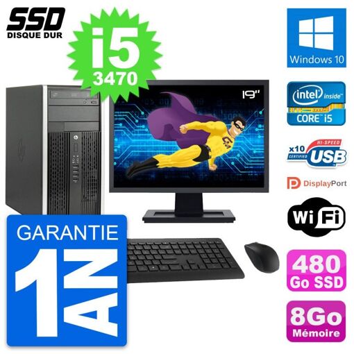 PC de escritorio HP Compaq Pro 6300 CMT - Pantalla de 19', Intel i5-3470, 8 GB de RAM, 480 GB SSD, Windows 10, WiFi