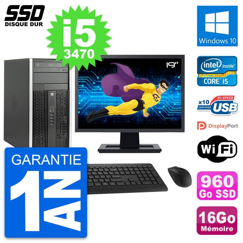 HP Compaq Pro 6300 CMT Mini Tower PC - 19" Screen, Intel i5-3470, 16GB RAM, 960GB SSD, Windows 10, WiFi