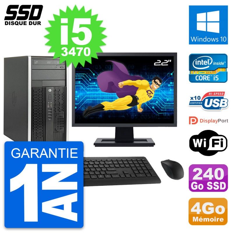 HP Compaq Pro 6300 CMT Desktop PC - 22" Screen, Intel i5-3470, 4GB RAM, 240GB SSD, Windows 10, WiFi
