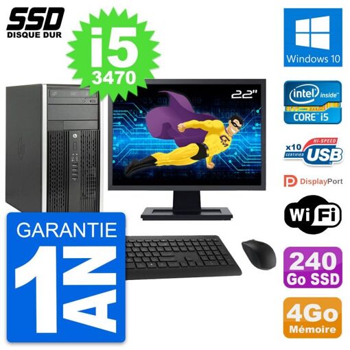 HP Compaq Pro 6300 CMT Desktop PC - 22" Screen, Intel i5-3470, 4GB RAM, 240GB SSD, Windows 10, WiFi