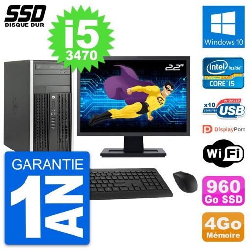 PC Tour HP Compaq Pro 6300 CMT - Écran 22'', Intel i5-3470, 4 Go de RAM, SSD 960 Go, Windows 10, Wi-Fi
