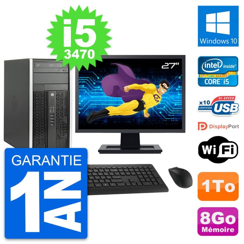 HP Compaq Pro 6300 CMT Desktop PC - 27" Screen, i5-3470, 8GB RAM, 1TB HDD, Windows 10, WiFi