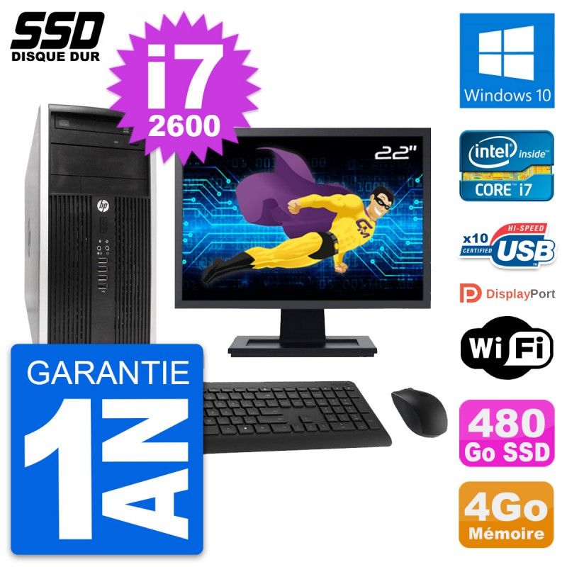 HP Compaq Pro 6300 CMT Mini PC - 22" Screen, Intel i7-2600, 4GB RAM, 480GB SSD, Windows 10, WiFi