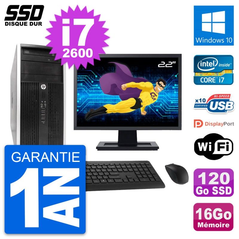 HP Compaq Pro 6300 CMT Desktop PC - 22" Screen, Intel i7-2600, 16GB RAM, 120GB SSD, Windows 10, WiFi