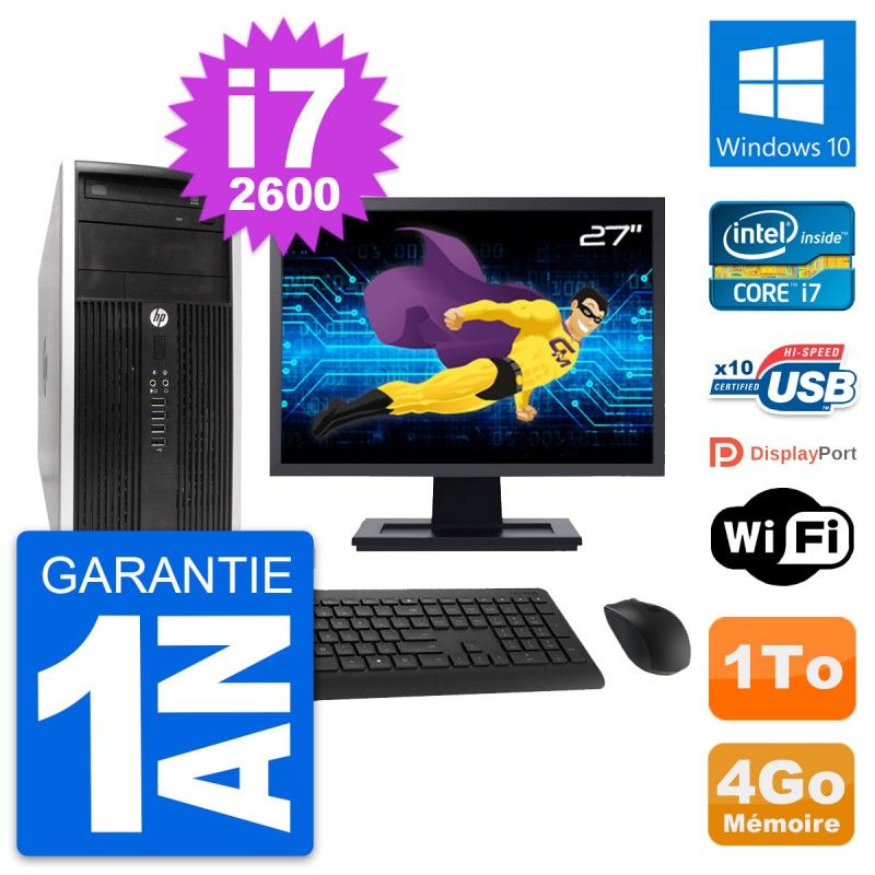 HP Compaq Pro 6300 CMT Desktop PC - 27inch Screen, i7-2600, 4GB RAM, 1TB HDD, Windows 10, WiFi