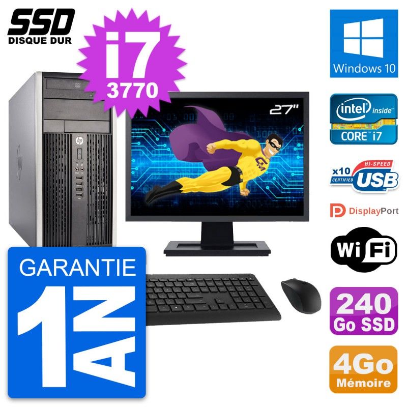 HP Compaq Pro 6300 CMT Mini PC - 27" Screen, Intel i7-3770, 4GB RAM, 240GB SSD, Windows 10, WiFi