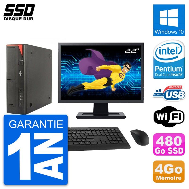 Fujitsu E520 E85+ DT 22" Display, Intel G3220, 4GB RAM, 480GB SSD, Windows 10, WiFi