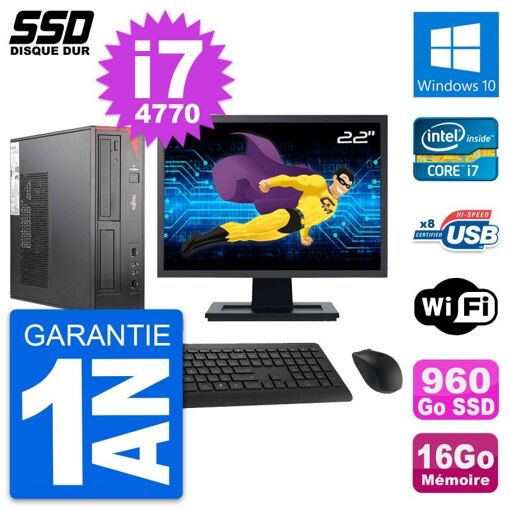 PC de sobremesa Fujitsu E520 DT - Pantalla de 22 pulgadas, Intel i7, 16GB RAM, 960GB SSD, Windows 10, WiFi