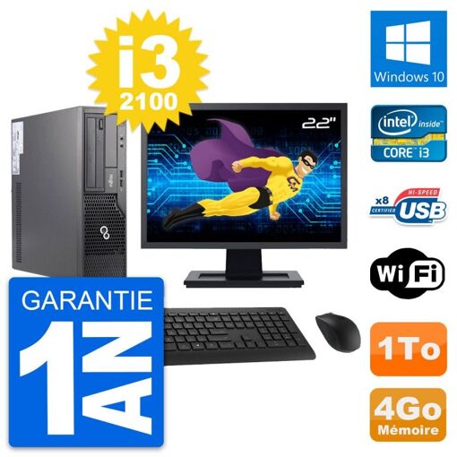 PC de escritorio Fujitsu E500 DT - Pantalla de 22 pulgadas, Intel i3, 4GB RAM, 1TB HDD, Windows 10, WiFi