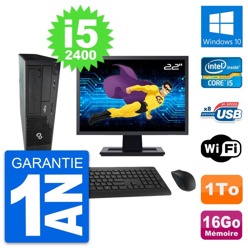Fujitsu E500 DT 22-inch Screen, Intel i5-2400, 16GB RAM, 1TB Hard Drive, Windows 10, WiFi