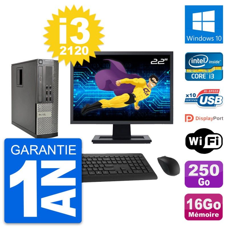 Dell Optiplex 990 SFF Computer - 22" Screen, Intel i3-2120, 16GB RAM, 250GB HDD, Windows 10, WiFi