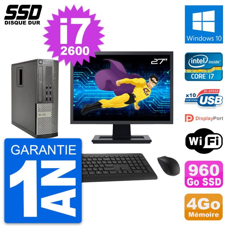 Dell OptiPlex 990 SFF Desktop Computer - 27" Screen, i7-2600, 4GB RAM, 960GB SSD, Windows 10, Wifi