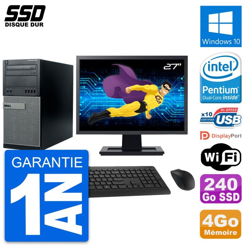 Dell Optiplex 790 MT Desktop Computer, 27" Screen, Intel G630 Processor, 4GB RAM, 240GB SSD, Windows 10, Wi-Fi