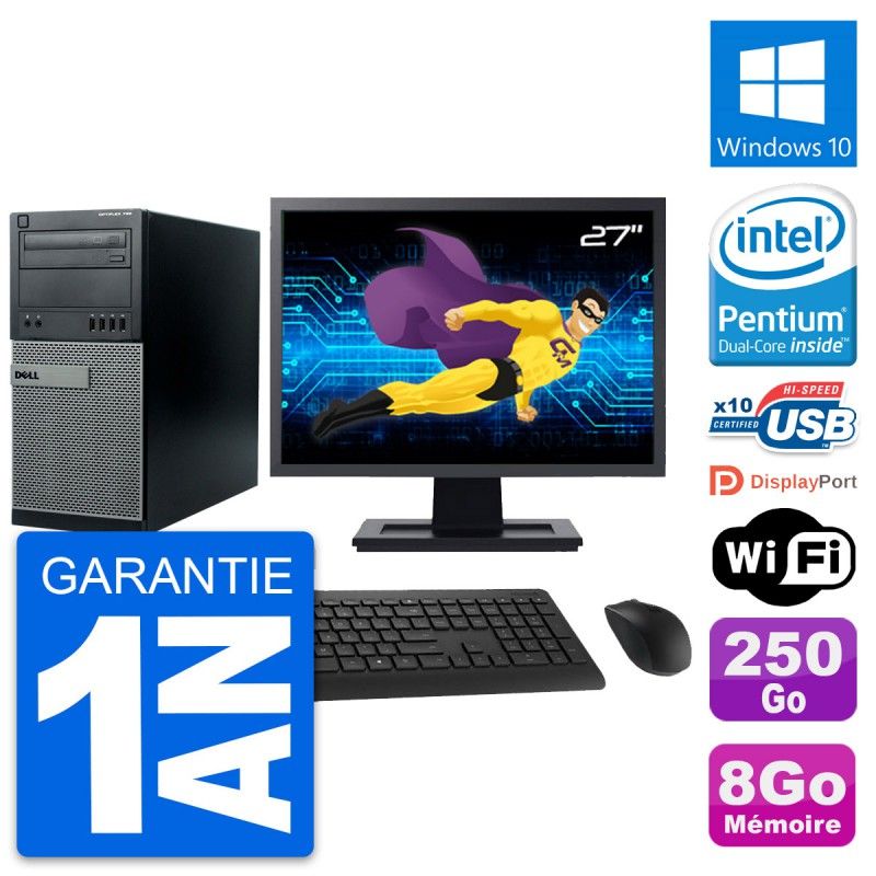 Dell Optiplex 790 MT Desktop PC - 27" Screen, Intel Pentium G630, 8GB RAM, 250GB HDD, Windows 10, WiFi