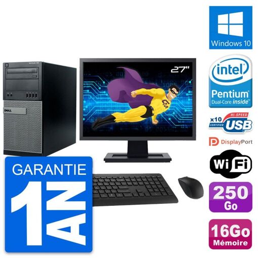 Ordinateur de bureau Dell Optiplex 790 MT - Écran 27", Processeur Intel Pentium G630, 16 Go de RAM, 250 Go HDD, Windows 10, Wi-Fi