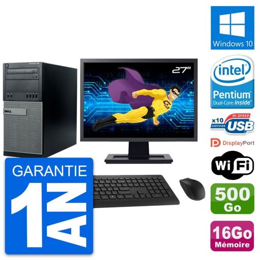 Ordinateur de bureau Dell Optiplex 790 MT, écran 27'', processeur Intel G630, 16 Go de RAM, disque dur 500 Go, Windows 10, Wi-Fi