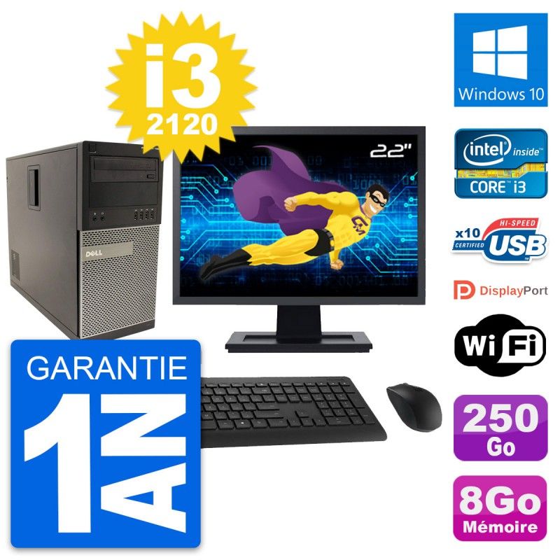 Dell Optiplex 790 MT Desktop PC - 22" Screen, Intel i3-2120, 8GB RAM, 250GB HDD, Windows 10, WiFi