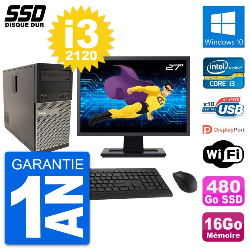 Dell Optiplex 790 MT Desktop PC - 27" Screen, Intel i3-2120, 16GB RAM, 480GB SSD, Windows 10, WiFi