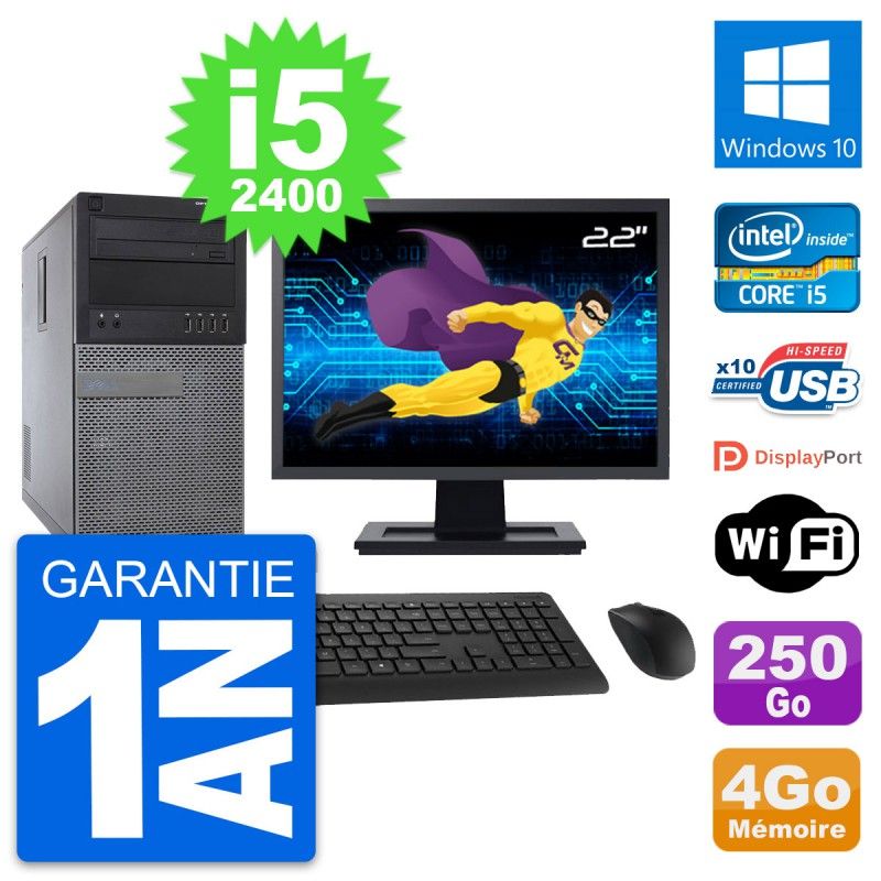 Dell Optiplex 790 MT Desktop PC - 22" Screen, Intel i5-2400, 4GB RAM, 250GB HDD, Windows 10, WiFi