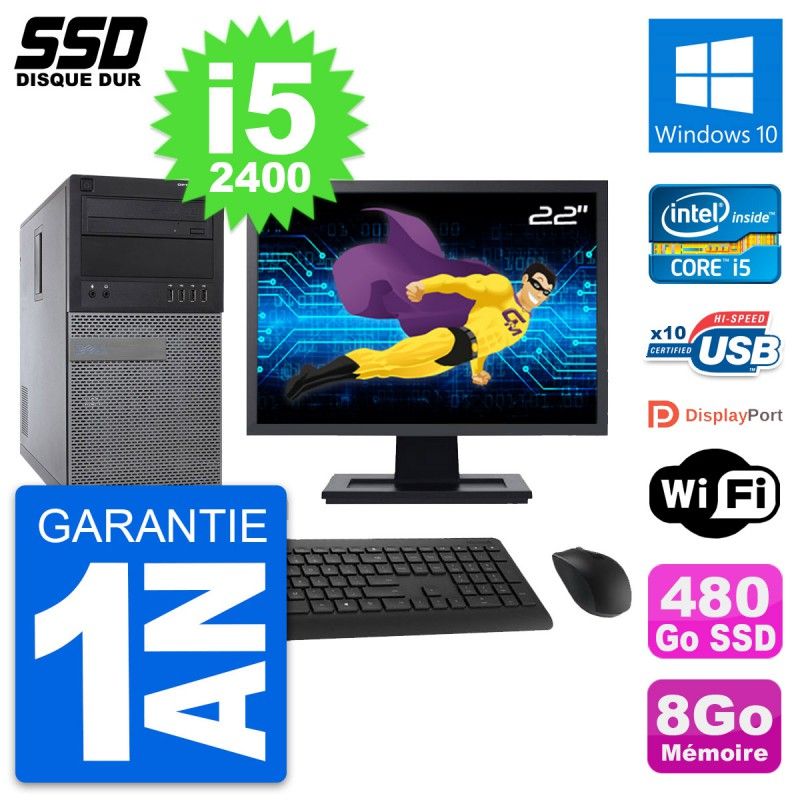 Dell Optiplex 790 MT Desktop Computer, 22" Screen, Intel i5-2400, 8GB RAM, 480GB SSD, Windows 10, WiFi