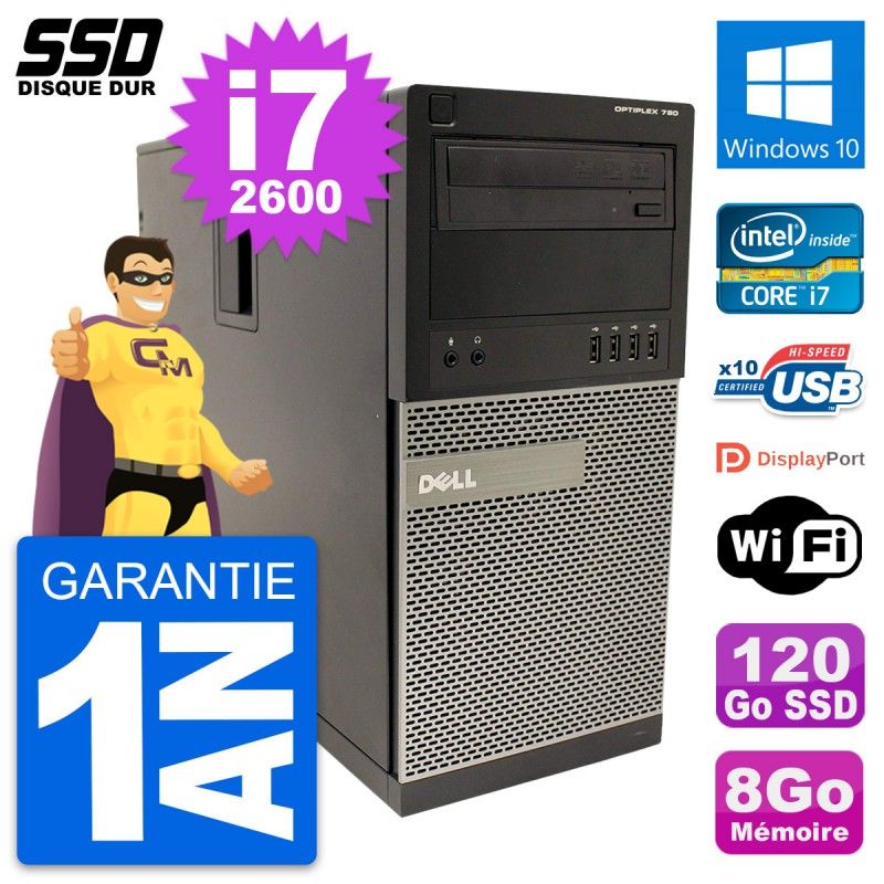 Dell OptiPlex 790 MT Desktop PC - Intel i7-2600, 8GB RAM, 120GB SSD, Windows 10, WiFi