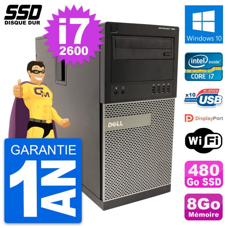 Dell OptiPlex 790 MT Desktop PC - Intel i7-2600, 8GB RAM, 480GB SSD, Windows 10, WiFi