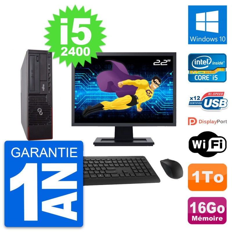 Fujitsu E700 DT 22-inch Screen, Intel i5-2400, 16GB RAM, 1TB HDD, Windows 10, WiFi