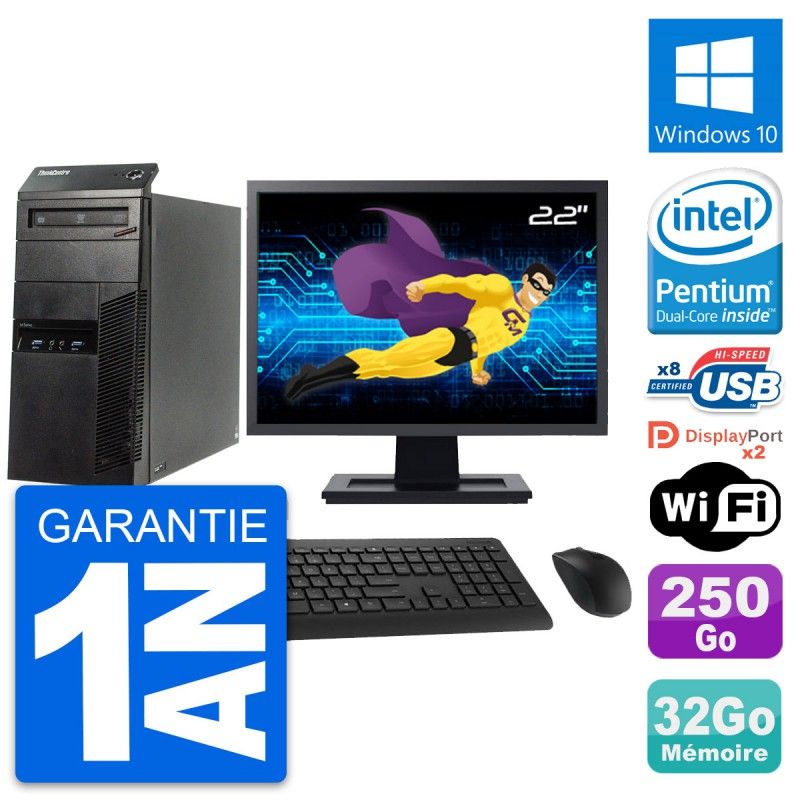 Lenovo ThinkCentre M83 Desktop Computer - 22" Screen, Intel Pentium G3220, 32GB RAM, 250GB SSD, Windows 10, WiFi