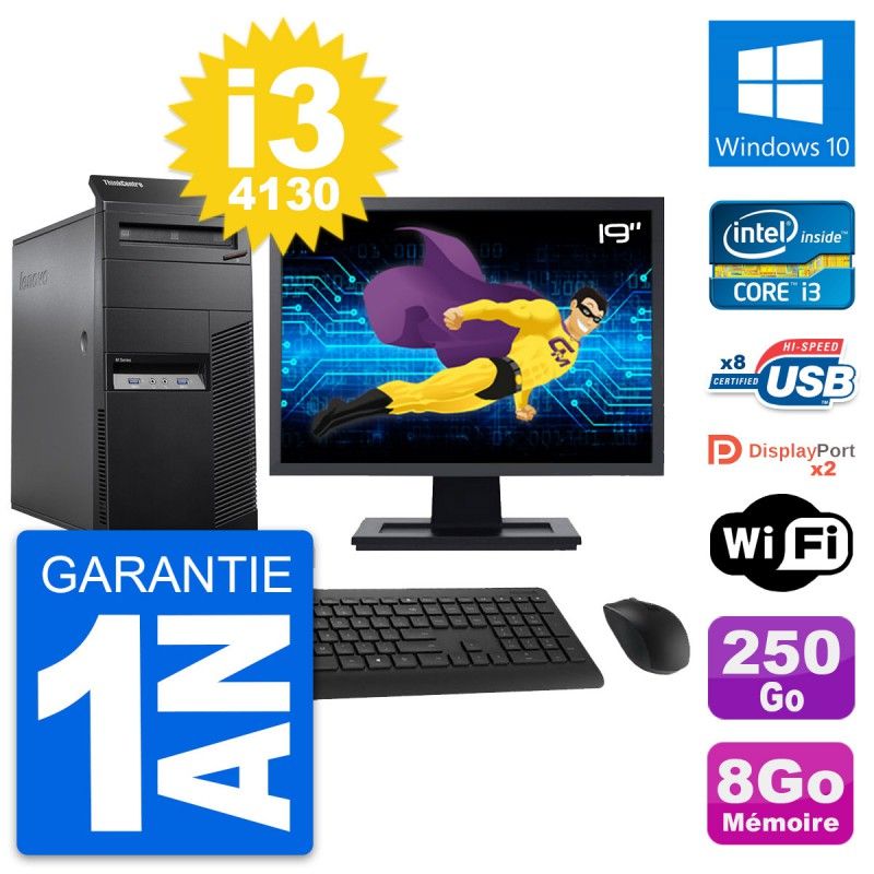 Lenovo M83 Desktop PC - 19" Screen, Intel i3-4130, 8GB RAM, 250GB HDD, Windows 10, WiFi