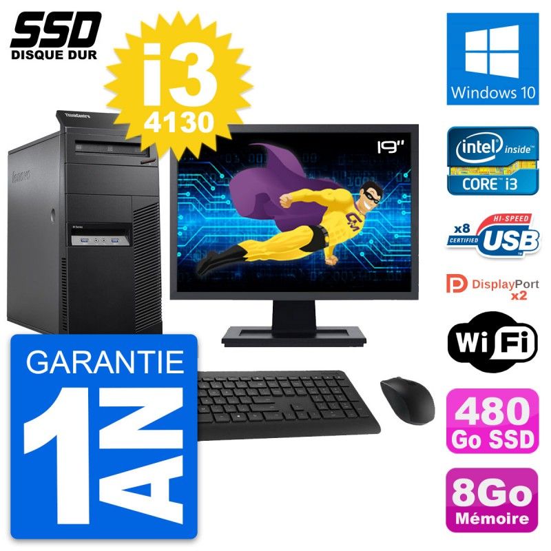Lenovo M83 Desktop Computer - 19" Screen, Intel i3-4130, 8GB RAM, 480GB SSD, Windows 10, WiFi