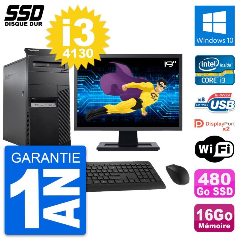 Lenovo M83 Tower PC - 19" Screen, Intel i3-4130, 16GB RAM, 480GB SSD, Windows 10, WiFi