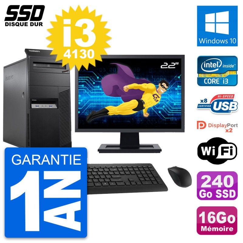 Lenovo M83 Desktop PC - 22" Screen, Intel i3-4130, 16GB RAM, 240GB SSD, Windows 10, Wifi