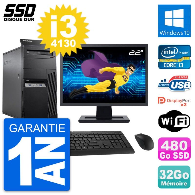 Lenovo M83 Desktop Computer - 22" Screen, Intel i3-4130, 32GB RAM, 480GB SSD, Windows 10, WiFi