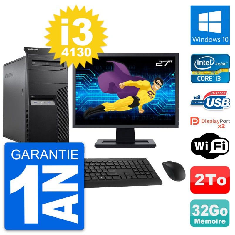 Lenovo M83 Tower PC - 27" Display, Intel i3-4130, 32GB RAM, 2TB HDD, Windows 10, WiFi