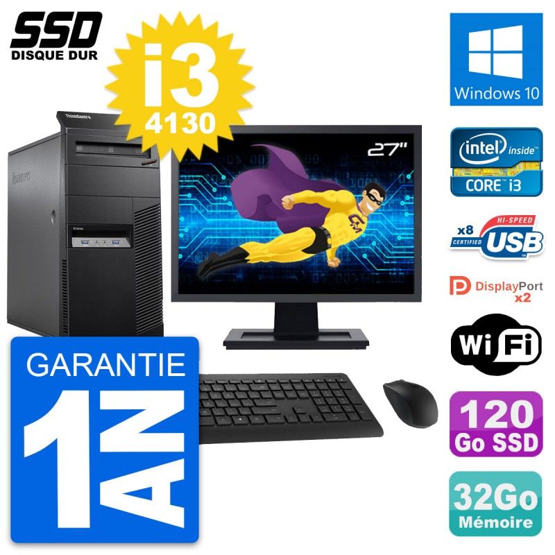 Lenovo M83 Tower PC - 27" Screen, Intel i3-4130, 32GB RAM, 120GB SSD, Windows 10, Wifi