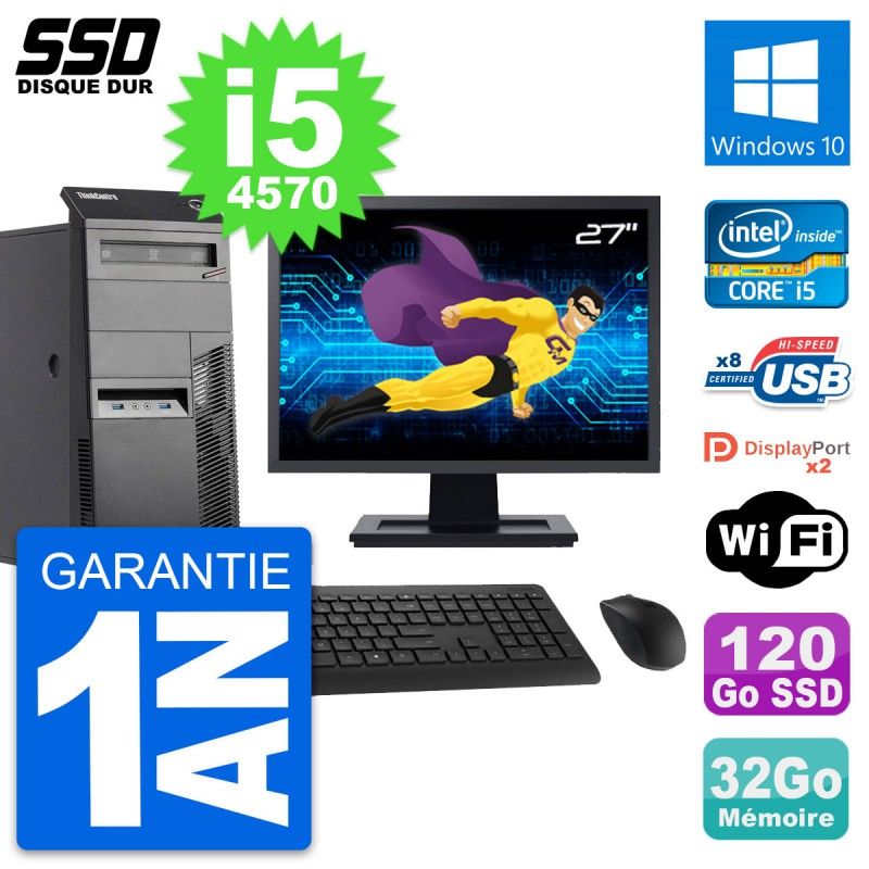 Lenovo M83 Desktop PC - 27" Screen, Intel i5-4570, 32GB RAM, 120GB SSD, Windows 10, WiFi