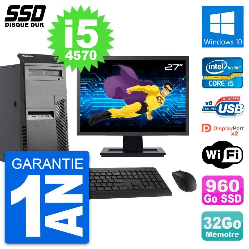 Lenovo M83 Tower PC - 27" Screen, Intel i5-4570, 32GB RAM, 960GB SSD, Windows 10, WiFi