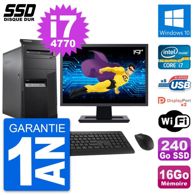 Lenovo M83 Desktop Computer - 19" Screen, Intel i7-4770, 16GB RAM, 240GB SSD, Windows 10