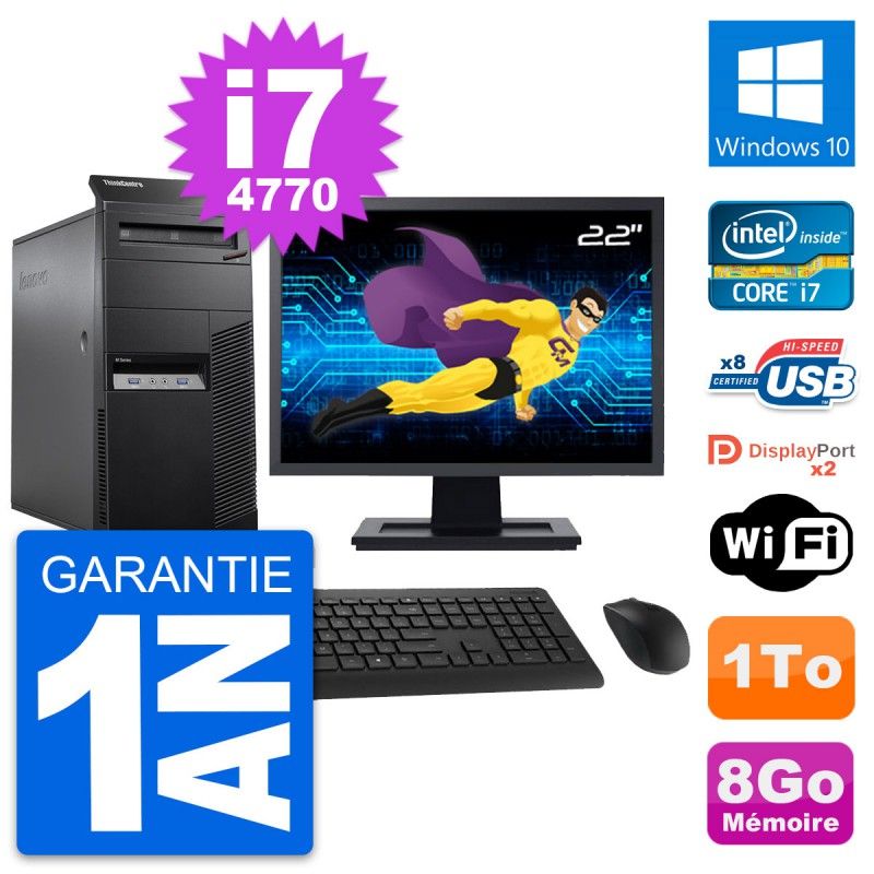 Lenovo M83 Tower PC - 22" Screen, Core i7-4770, 8GB RAM, 1TB HDD, Windows 10, WiFi