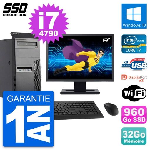 PC de escritorio Lenovo M83 - Pantalla de 19", Procesador Intel i7-4790, 32 GB de RAM, 960 GB SSD, Windows 10, WiFi