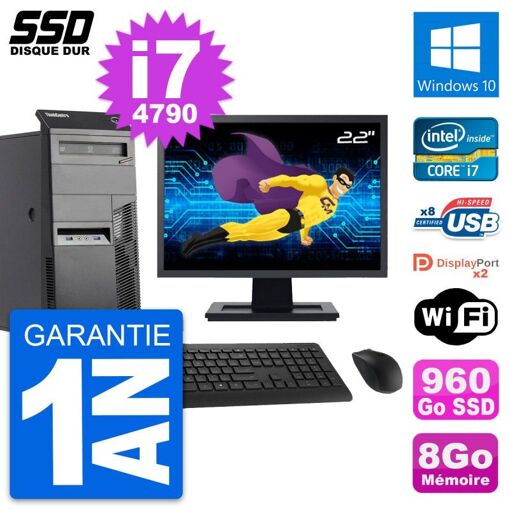 PC de escritorio Lenovo M83 - Pantalla de 22", Intel i7-4790, 8 GB de RAM, 960 GB SSD, Windows 10, WiFi
