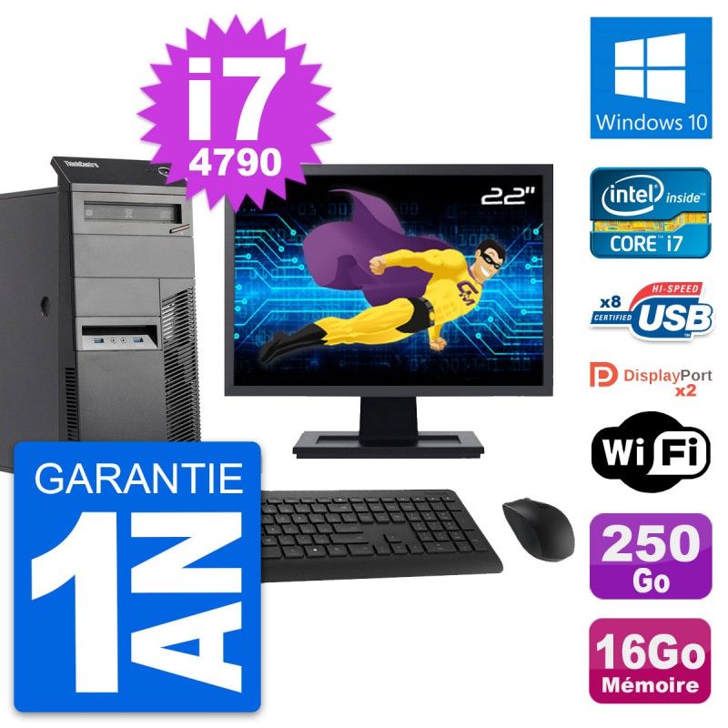 Lenovo M83 Desktop PC - 22" Screen, Intel i7-4790, 16GB RAM, 250GB HDD, Windows 10, WiFi