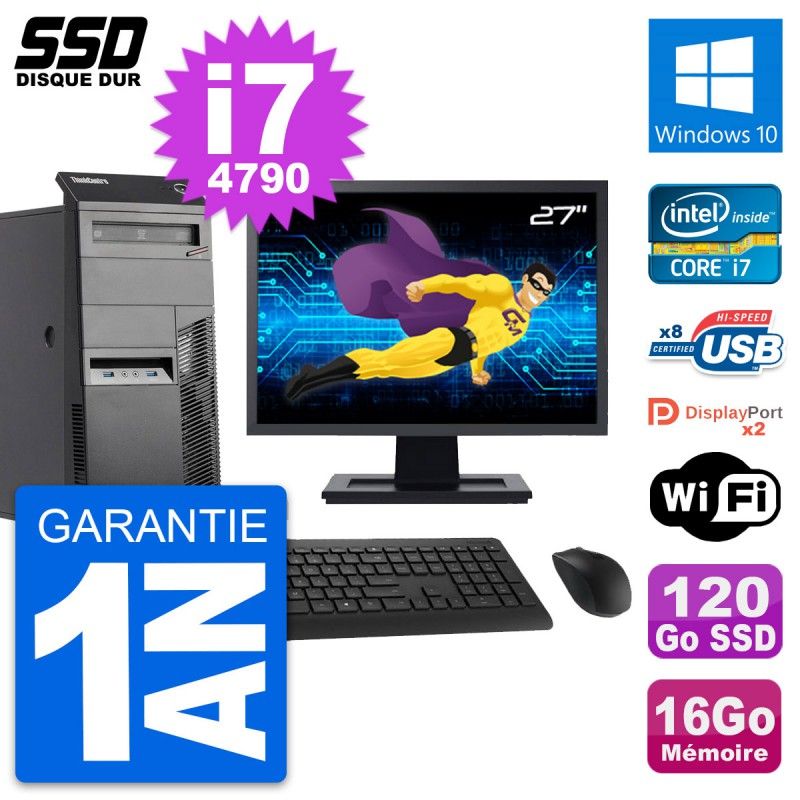 Lenovo M83 Desktop PC - 27" Screen, Intel i7-4790, 16GB RAM, 120GB SSD, Windows 10, WiFi