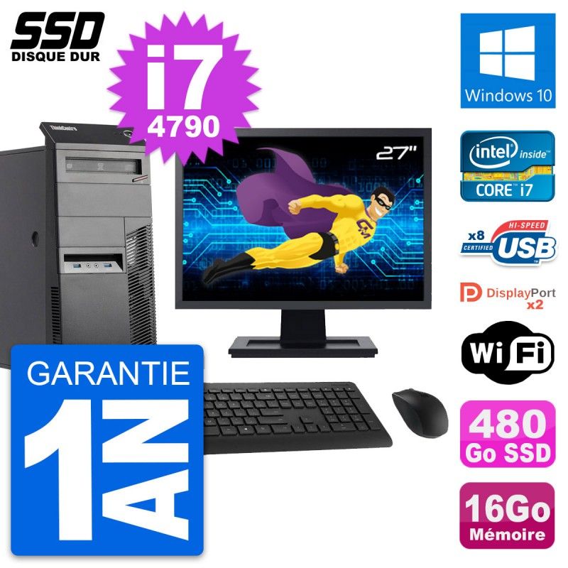 Lenovo M83 Tower PC - 27" Screen, Intel i7-4790, 16GB RAM, 480GB SSD, Windows 10, WiFi